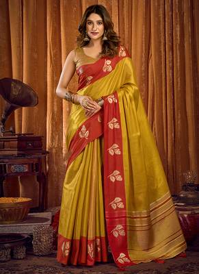 Mustard yellow soft tissue silk blend saree with red woven border 1