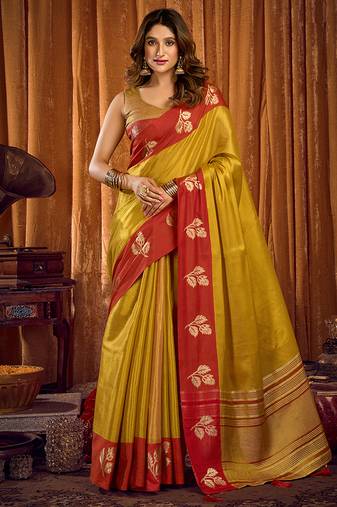 Mustard yellow soft tissue silk blend saree with red woven border