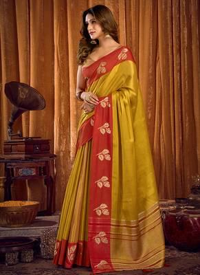 Mustard yellow soft tissue silk blend saree with red woven border 2