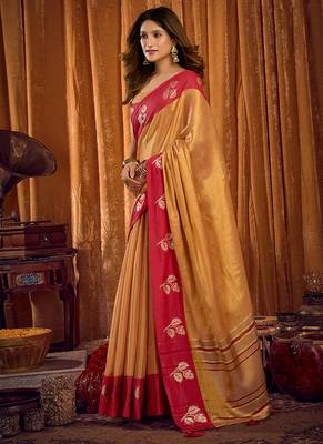 Beige gold soft tissue silk blend saree with rani pink zari woven border 2