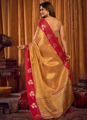Beige gold soft tissue silk blend saree with rani pink zari woven border 3