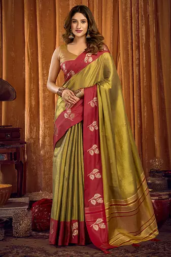 Olive green soft tissue silk blend saree with rani pink zari woven border