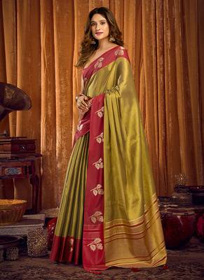 Olive green soft tissue silk blend saree with rani pink zari woven border 2