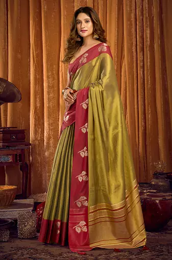 Olive green soft tissue silk blend saree with rani pink zari woven border