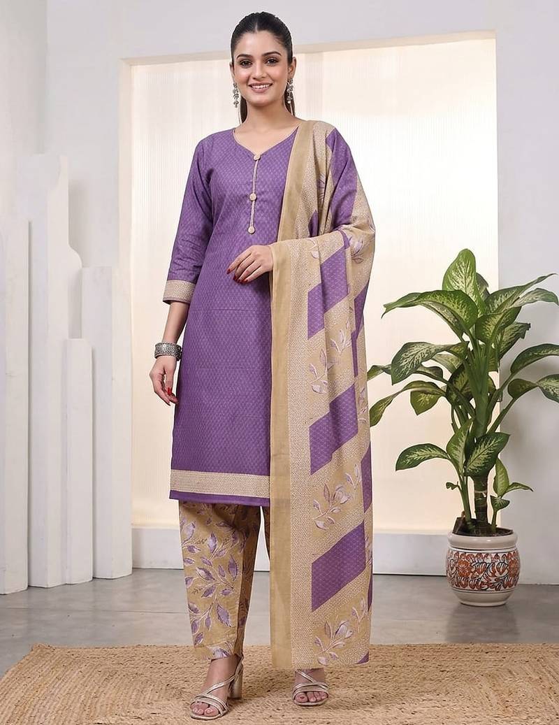 Purple printed cotton blend stitched geometric print salwar kurta dupatta for women