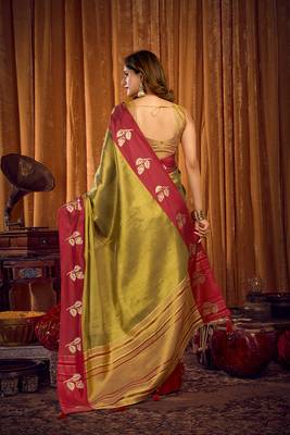 Olive green soft tissue silk blend saree with rani pink zari woven border 3