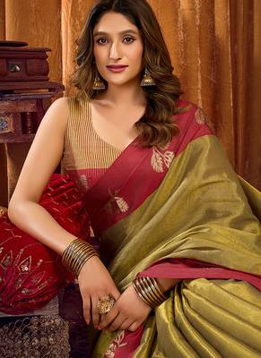 Olive green soft tissue silk blend saree with rani pink zari woven border 4