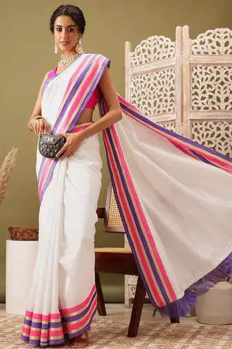 white kasavu saree with blouse piece and zari work