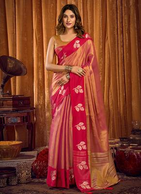 Peach pink soft tissue silk blend saree with rani pink zari woven border 1