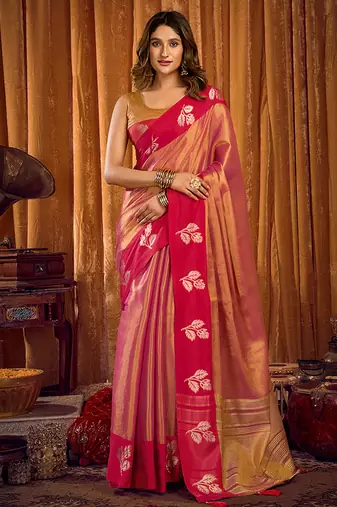 Peach pink soft tissue silk blend saree with rani pink zari woven border