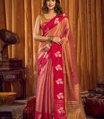 Peach pink soft tissue silk blend saree with rani pink zari woven border