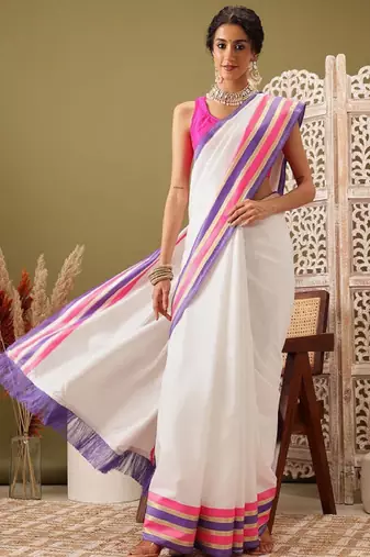 white kasavu saree with blouse piece and zari work