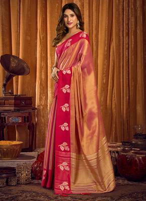Peach pink soft tissue silk blend saree with rani pink zari woven border 2