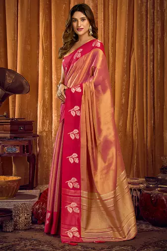 Peach pink soft tissue silk blend saree with rani pink zari woven border