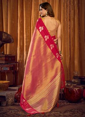 Peach pink soft tissue silk blend saree with rani pink zari woven border 3