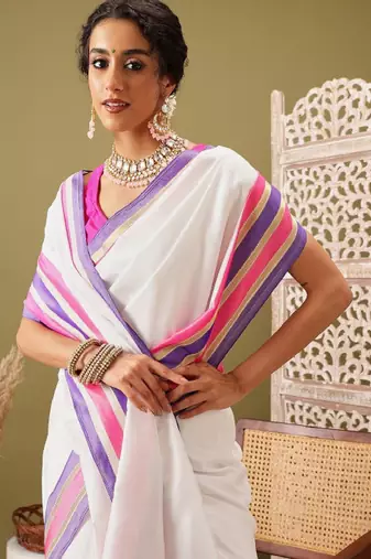 white kasavu saree with blouse piece and zari work