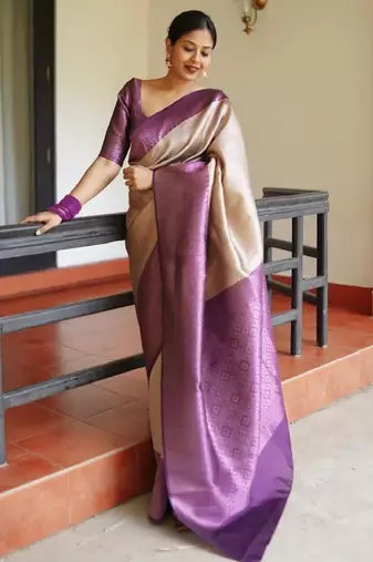 cream kanjeevaram silk saree with zari woven work