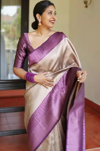 cream kanjeevaram silk saree with zari woven work