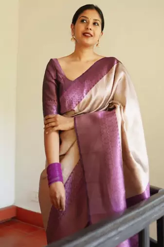 cream kanjeevaram silk saree with zari woven work