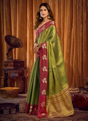 Green soft tissue silk blend saree with wine red zari woven border 2