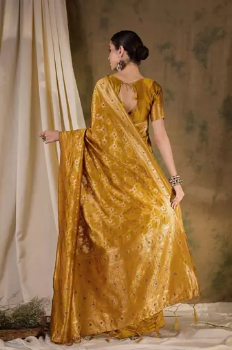 gold silk blend kanjeevaram saree with traditional zari work