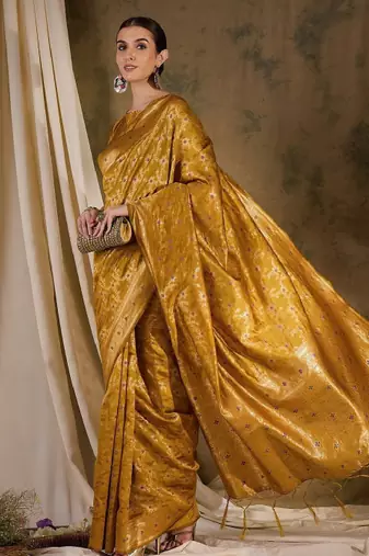 gold silk blend kanjeevaram saree with traditional zari work