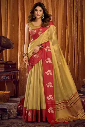 Golden beige soft tissue silk blend saree with red zari woven border