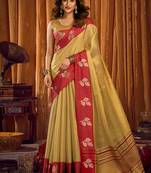 Golden beige soft tissue silk blend saree with red zari woven border