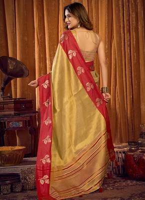 Golden beige soft tissue silk blend saree with red zari woven border 3