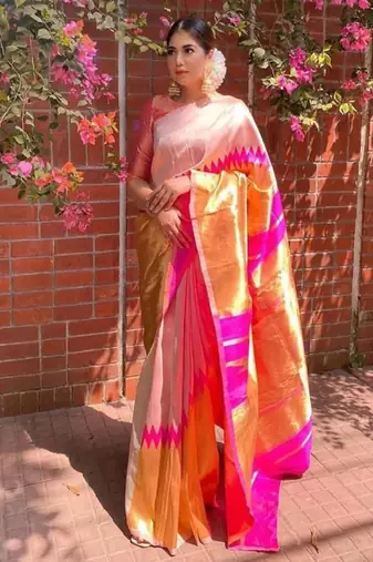cream kanjeevaram saree with woven zari work