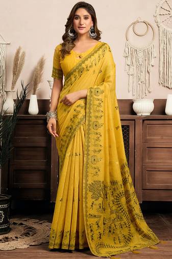 Mustard cotton blend warli work saree with unstitched blouse