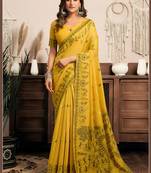 Mustard cotton blend warli work saree with unstitched blouse