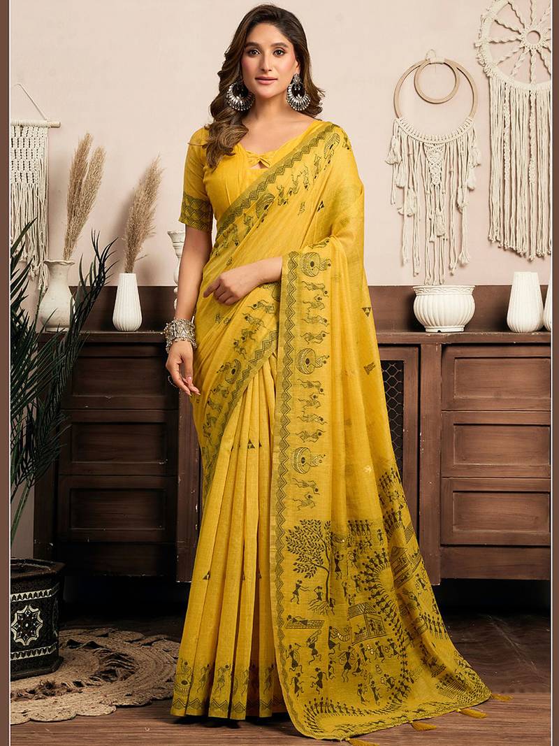Mustard cotton blend warli work saree with unstitched blouse