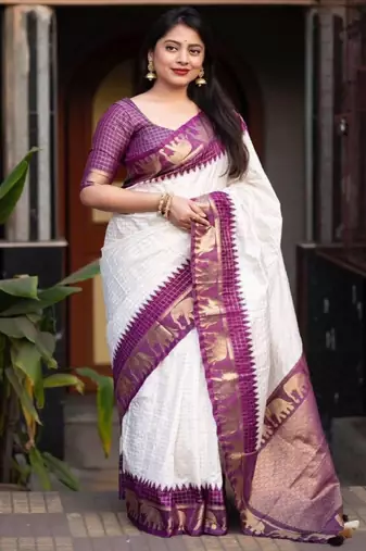 white silk kanjeevaram saree with zari weave