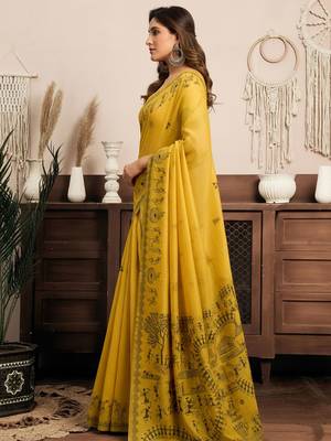 Mustard cotton blend warli work saree with unstitched blouse 2