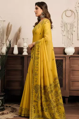 Mustard cotton blend warli work saree with unstitched blouse