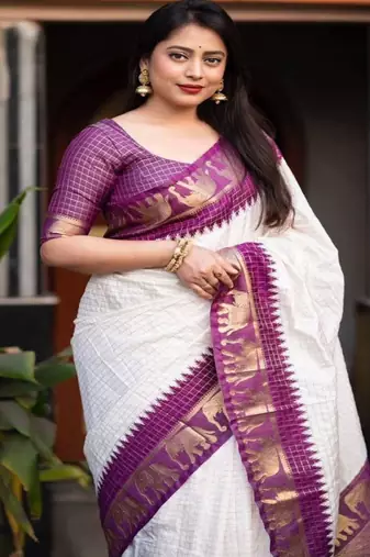 white silk kanjeevaram saree with zari weave