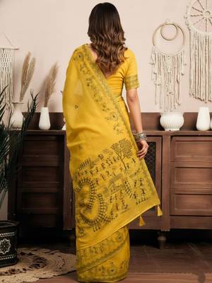 Mustard cotton blend warli work saree with unstitched blouse 3