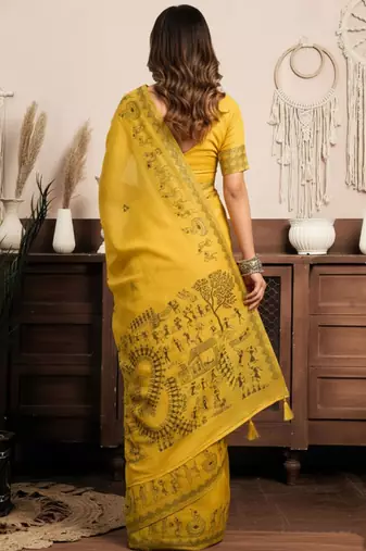 Mustard cotton blend warli work saree with unstitched blouse