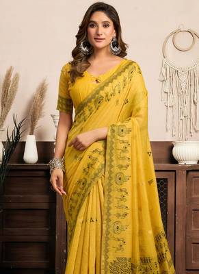 Mustard cotton blend warli work saree with unstitched blouse 4