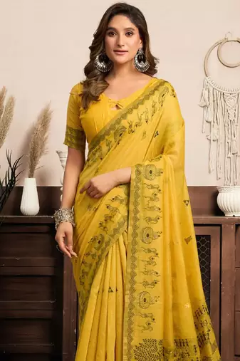 Mustard cotton blend warli work saree with unstitched blouse