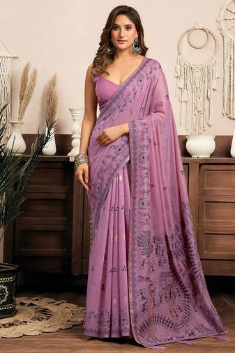 Lilac cotton blend warli work saree with unstitched blouse