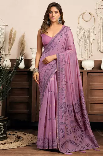 Lilac cotton blend warli work saree with unstitched blouse