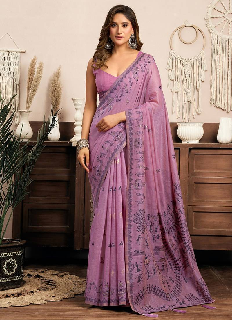 Lilac cotton blend warli work saree with unstitched blouse