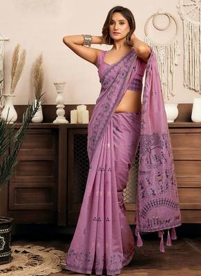 Lilac cotton blend warli work saree with unstitched blouse 2