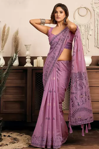 Lilac cotton blend warli work saree with unstitched blouse
