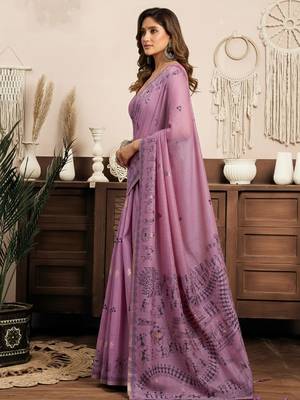 Lilac cotton blend warli work saree with unstitched blouse 3