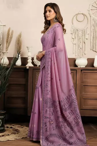 Lilac cotton blend warli work saree with unstitched blouse