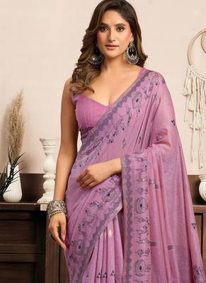 Lilac cotton blend warli work saree with unstitched blouse 4