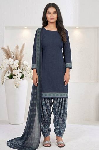 Blue printed cotton blend stitched floral print salwar kurta dupatta for women
